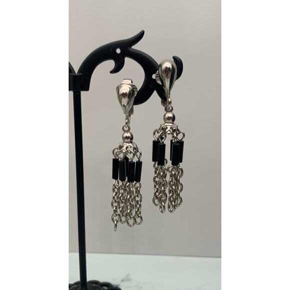 Vintage Park Lane Dangle Clip On Earrings Silver Tone Chain w/ Black Signed - Picture 1 of 5